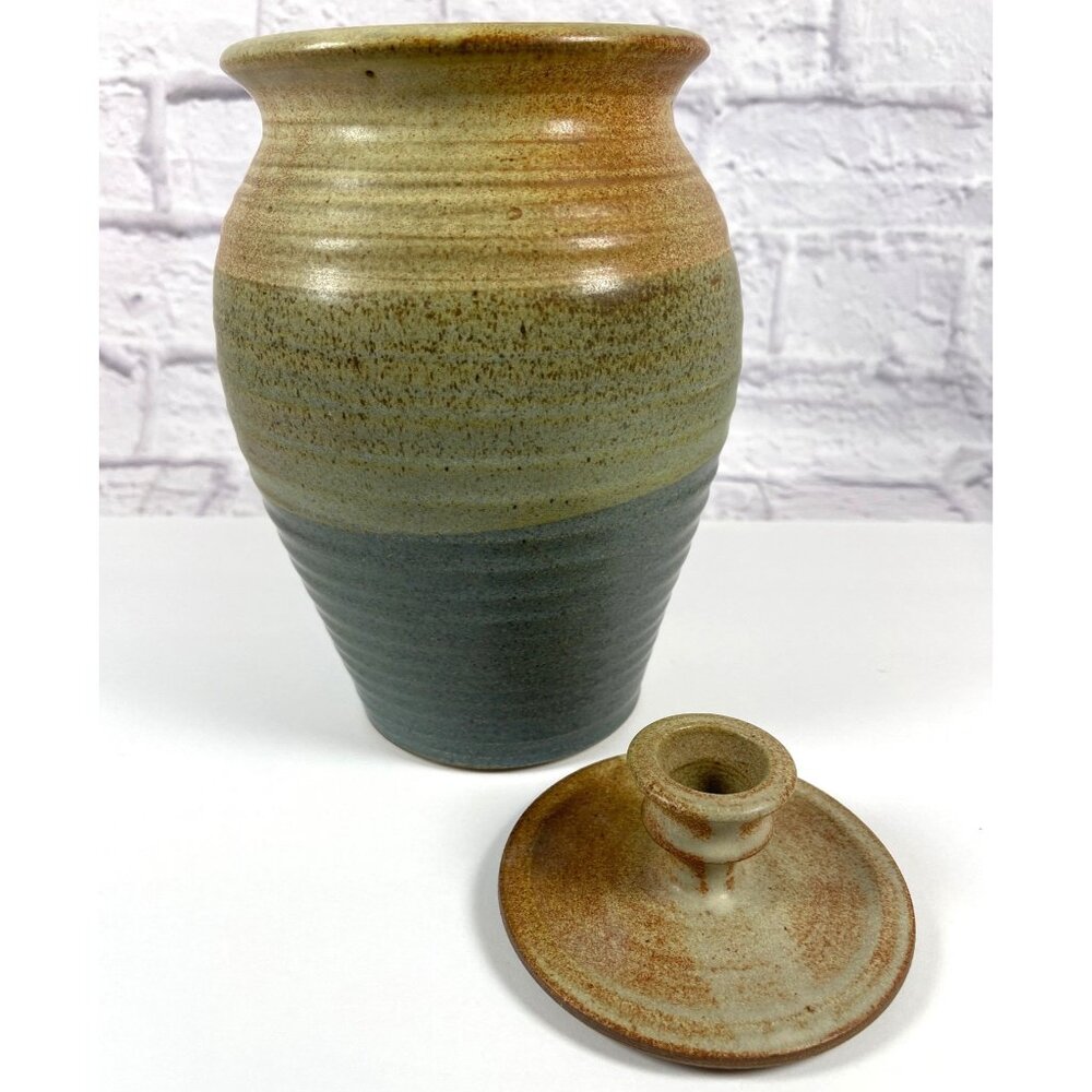 VTG Studio Stoneware Art Pottery Handmade Earth Green Glaze Lid Jar Pot Signed - Picture 13 of 14